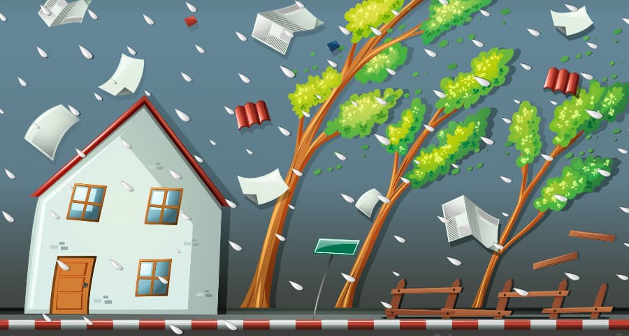 Representation of a storm striking a home and surrounding environment