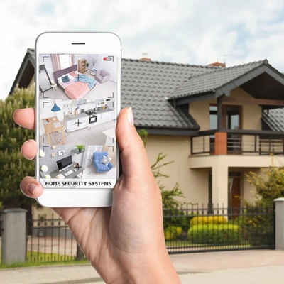 Salt Lake City vivint phone display of cctv live feed in front of a house